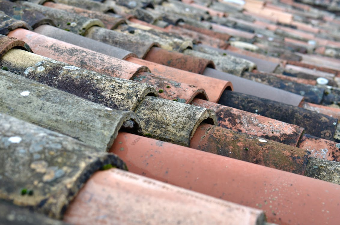 Close-up of worn and weathered roof shingles on a home.
